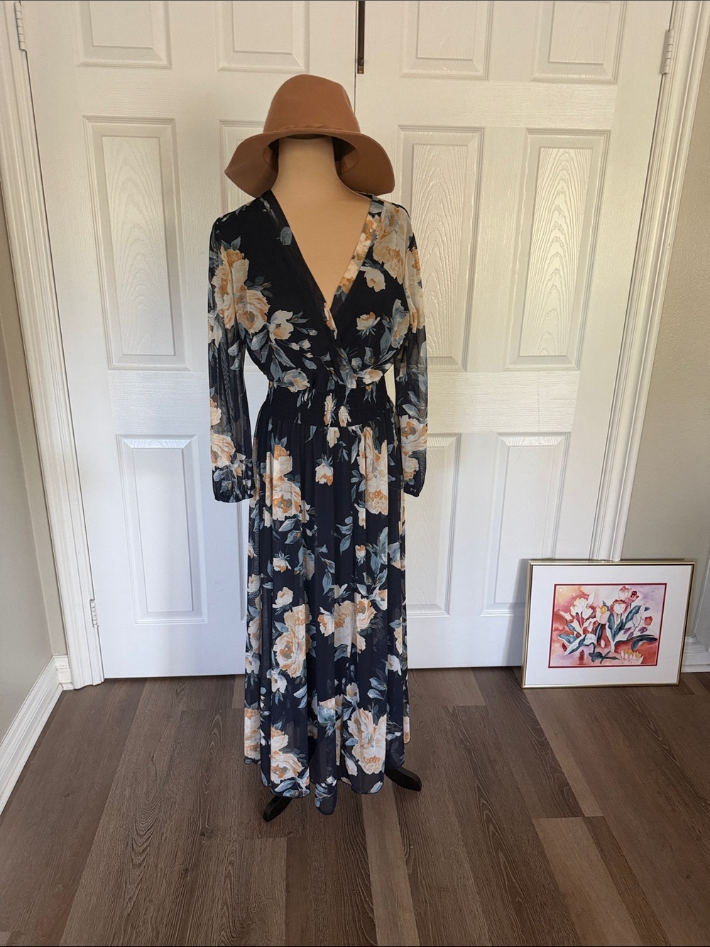 Dark Romantic Floral Wrap Maxi Dress - Navy with Cream Blooms